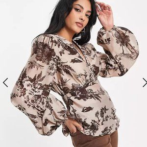 ASOS DESIGN button loop plunge shirt with open back in tonal floral print